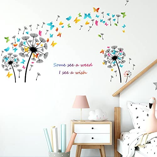 Colorful Dandelion Wall Decals Allium Flower Wall Decors Living Room Attractive Flying Butterflies Flowers Wall Stickers Removable DIY Art Wall Mural for Kids Bedroom Baby Nursery 